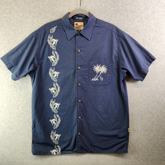 Tommy Hilfiger Hawaiian Shirt Mens Medium Blue Palm Trees Vintage Beach VTG - Picture 2 of 16